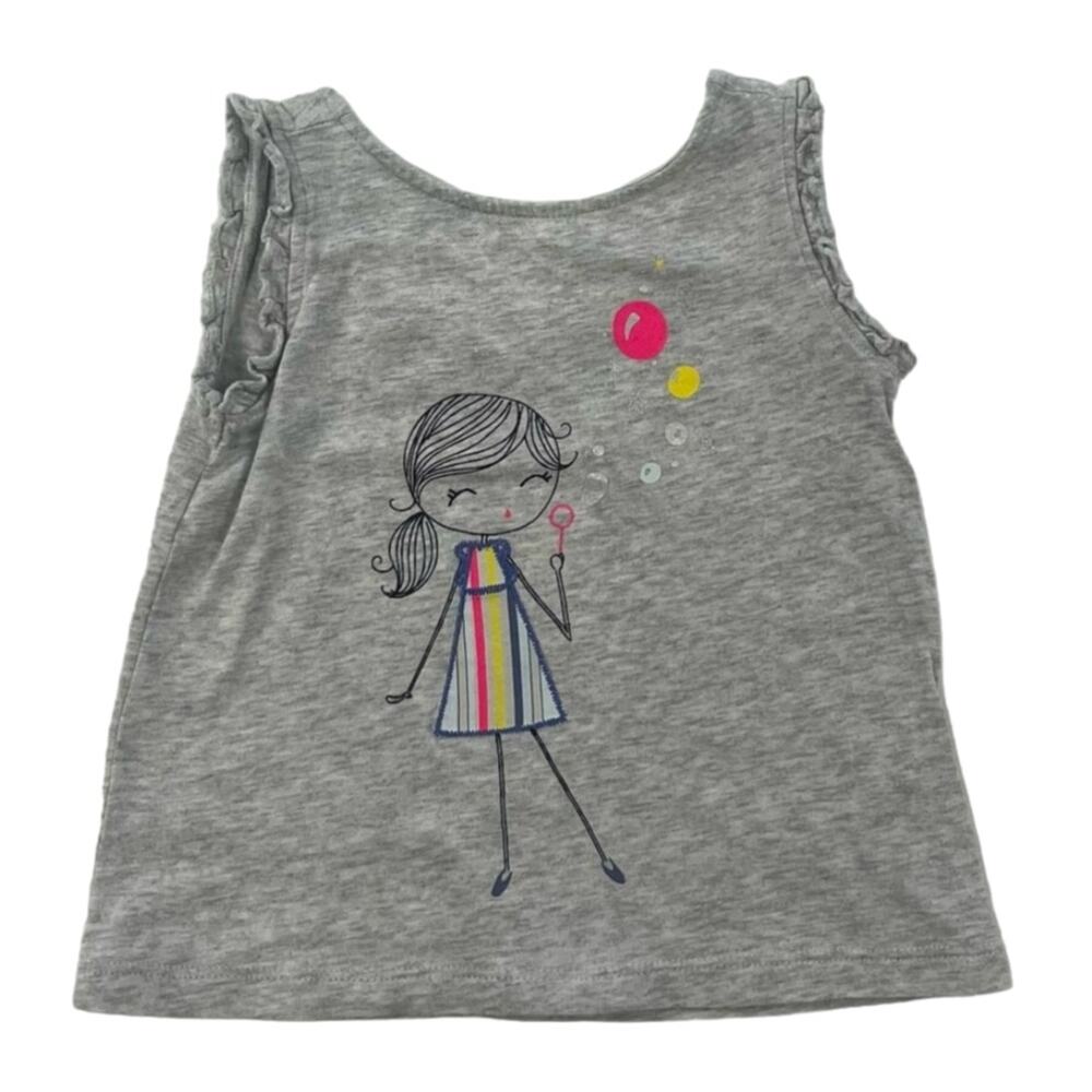 Gap Kids Girls Gray Ruffle Sleeve Girl Blowing Bubbles Print Tank Top 2T